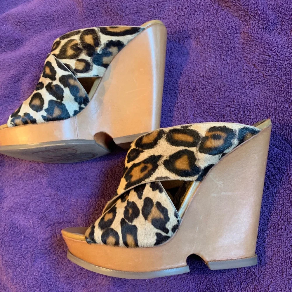 Sam Edelman Leopard/Tan Leather Animal Hair High Wedge Sandals sz 9 M